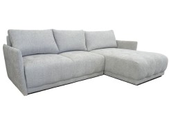 Pilka kampinė sofa su miegojimo funkcija ir patalynės dėže