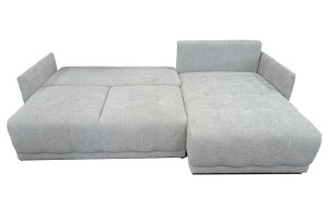 Pilka kampinė sofa su miegojimo funkcija ir patalynės dėže