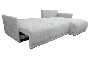 Pilka kampinė sofa su miegojimo funkcija ir patalynės dėže